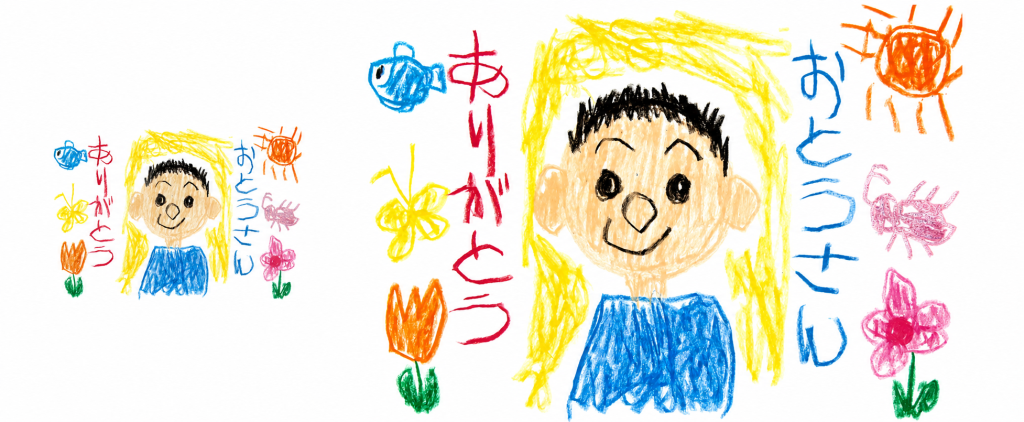 お子さんの絵を撮影して、マグカップ用の版下ができあがりました。色も綺麗です。