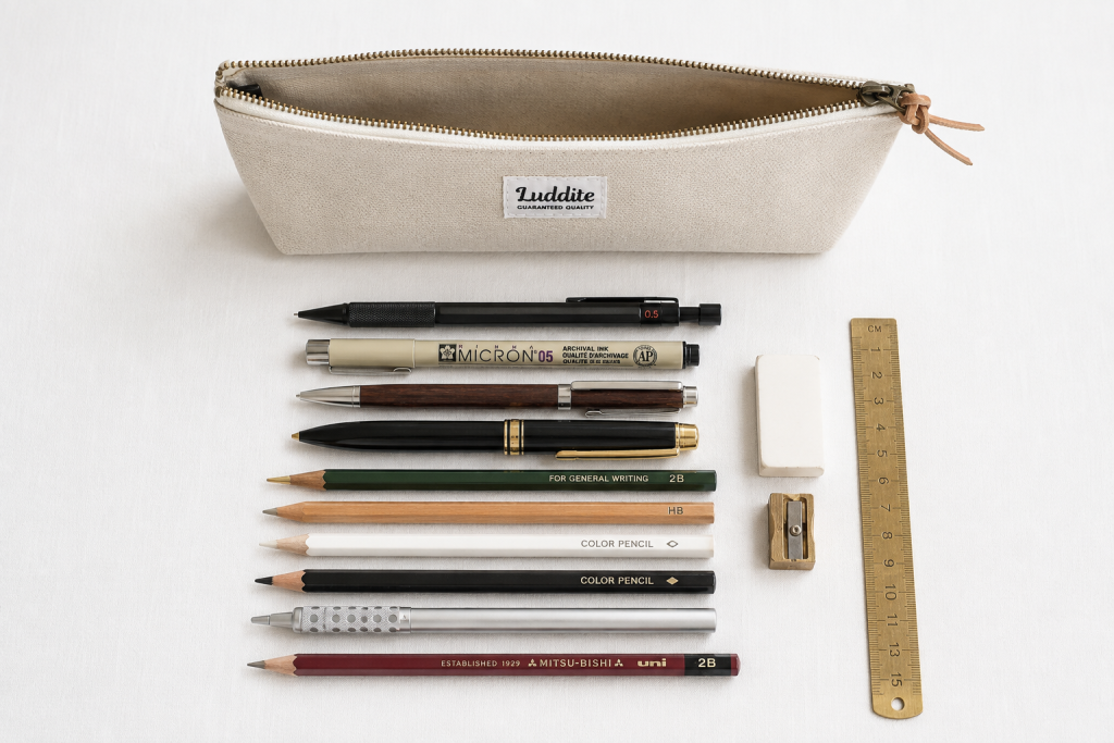 スリムなボディに沢山の文房具が入る。ラダイト8号帆布ボートペンケース