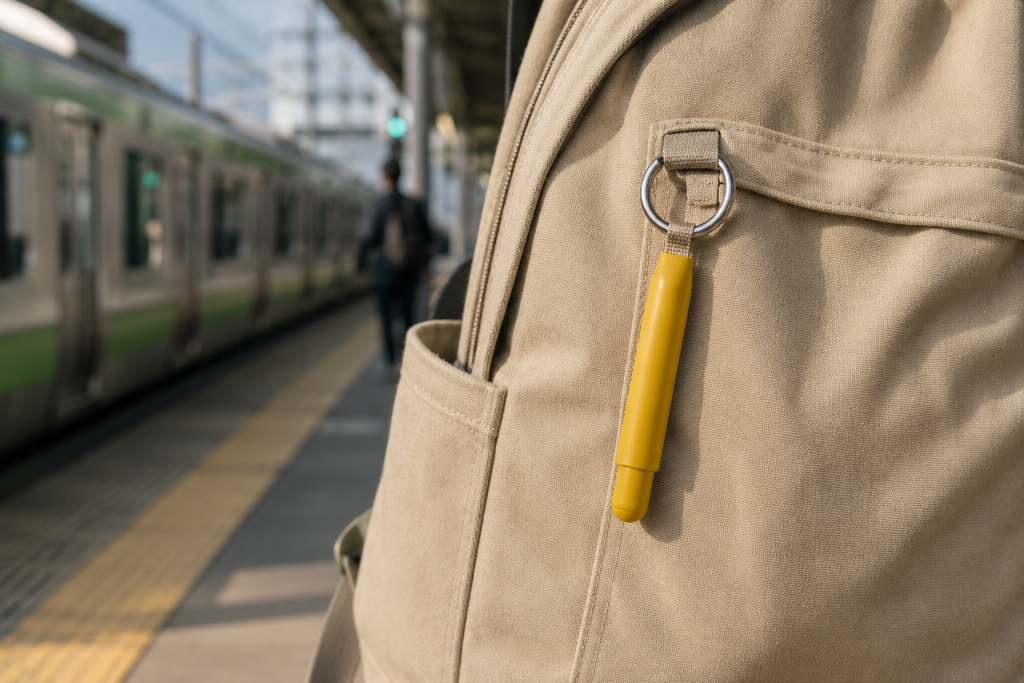 通勤バッグに取り付けた黄色のカラビナ付きボールペン