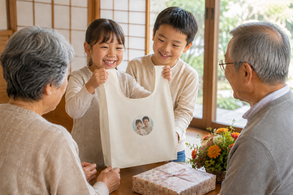 敬老の日のプレゼントにお孫さんの写真をプリントできるエコバッグ
